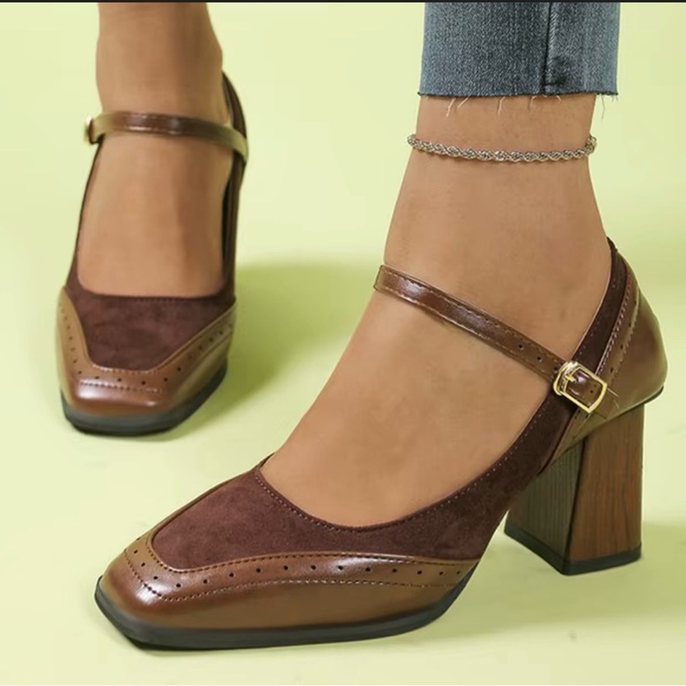 VINTAGE Brown Leather Suede Two-Tone Mary Jane Square-Toe Chunky Mid-Heel Shoes - Picture 2 of 11